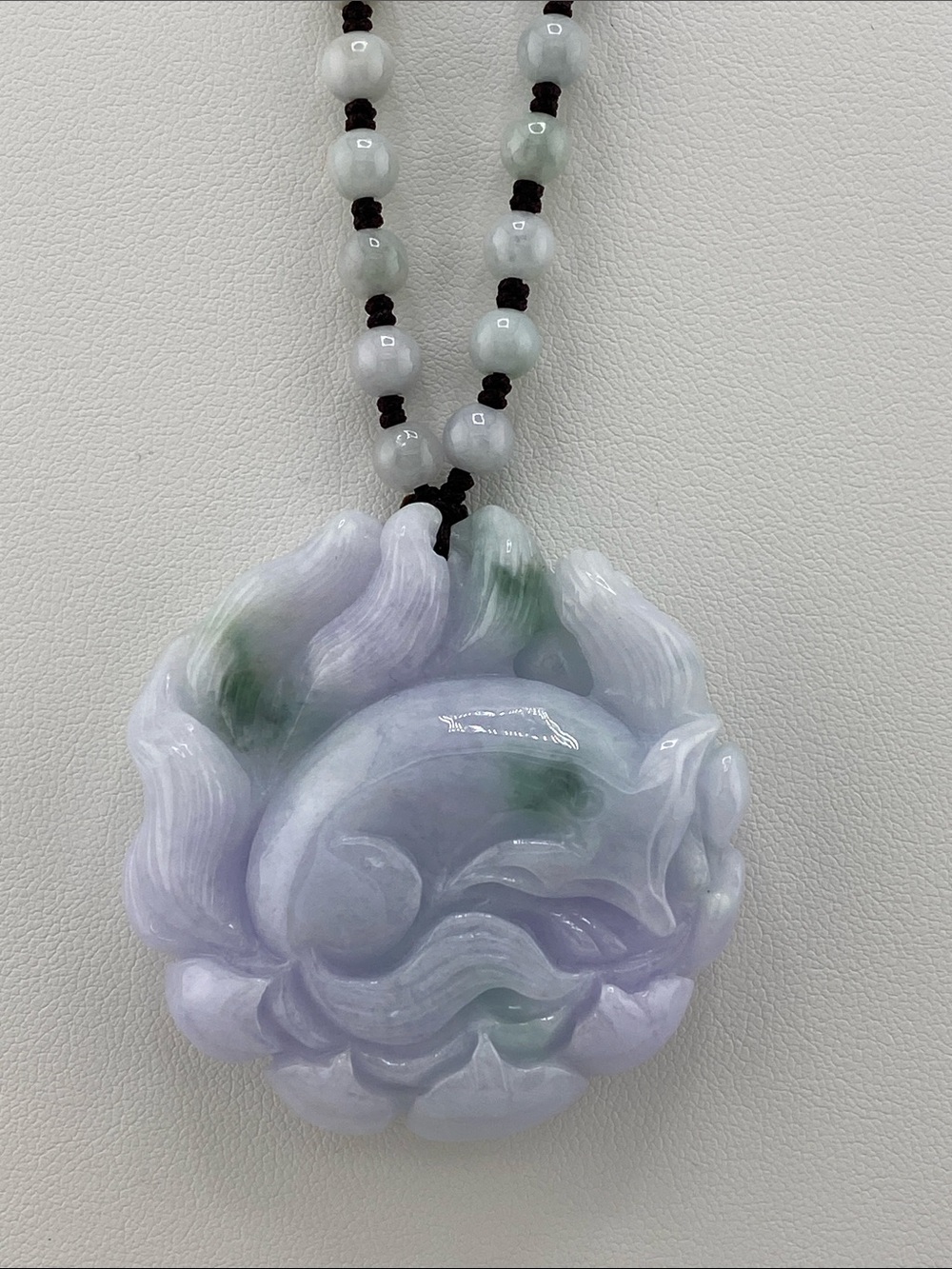 Lavender Jade Carved Nine-Tailed Fox Beaded Statement Necklace